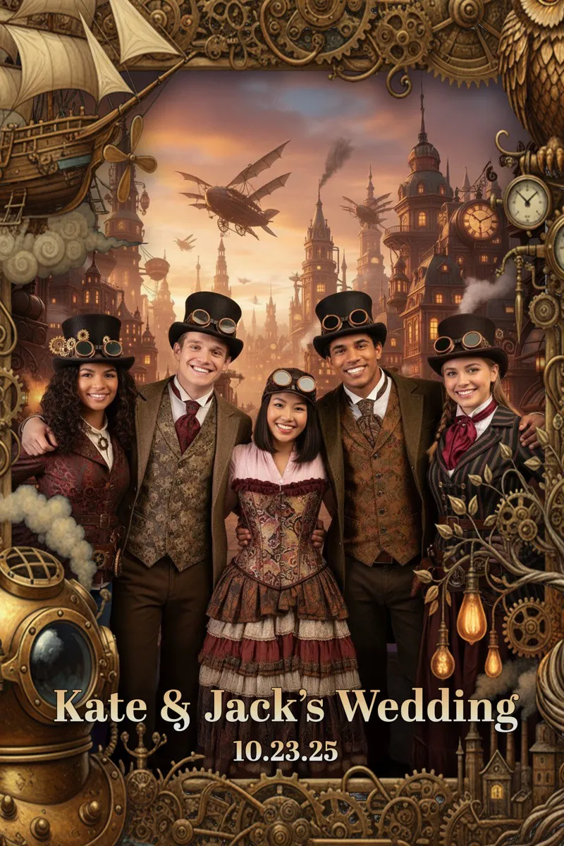 Exemple de groupe transformé dans un univers steampunk par le logiciel LumaBooth
